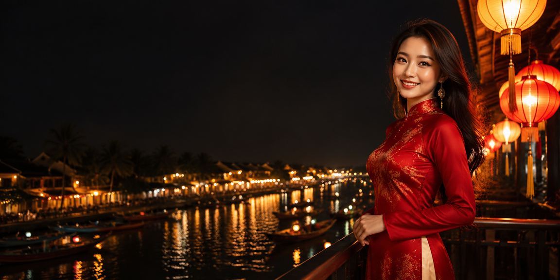 Người chơi slot trong trang phục áo dài giữa phố cổ Hội An về đêm